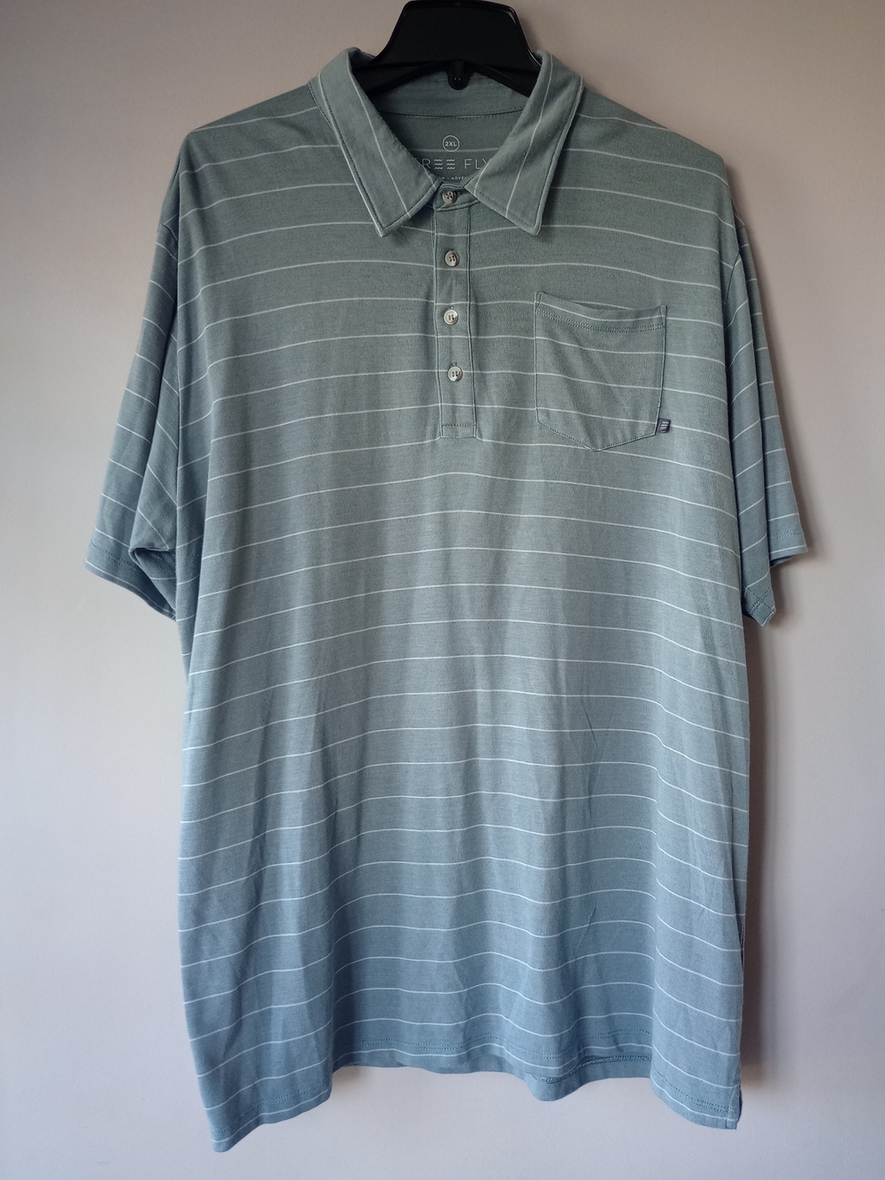 Free Fly Men Bamboo Dockside Polo Shirt XXL Gren Blue Stripe Outdoor Preppy Golf